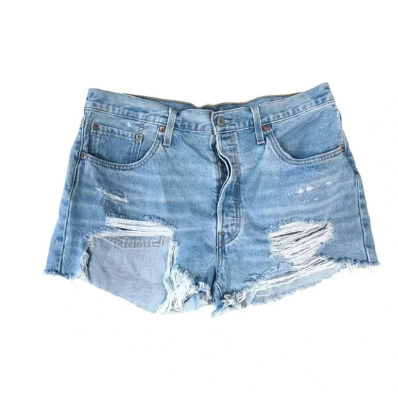 Levi’s || 501 Original Shorts Classic Light Blue Denim Wash Heavy Frayed Sz 33 - Picture 1 of 11